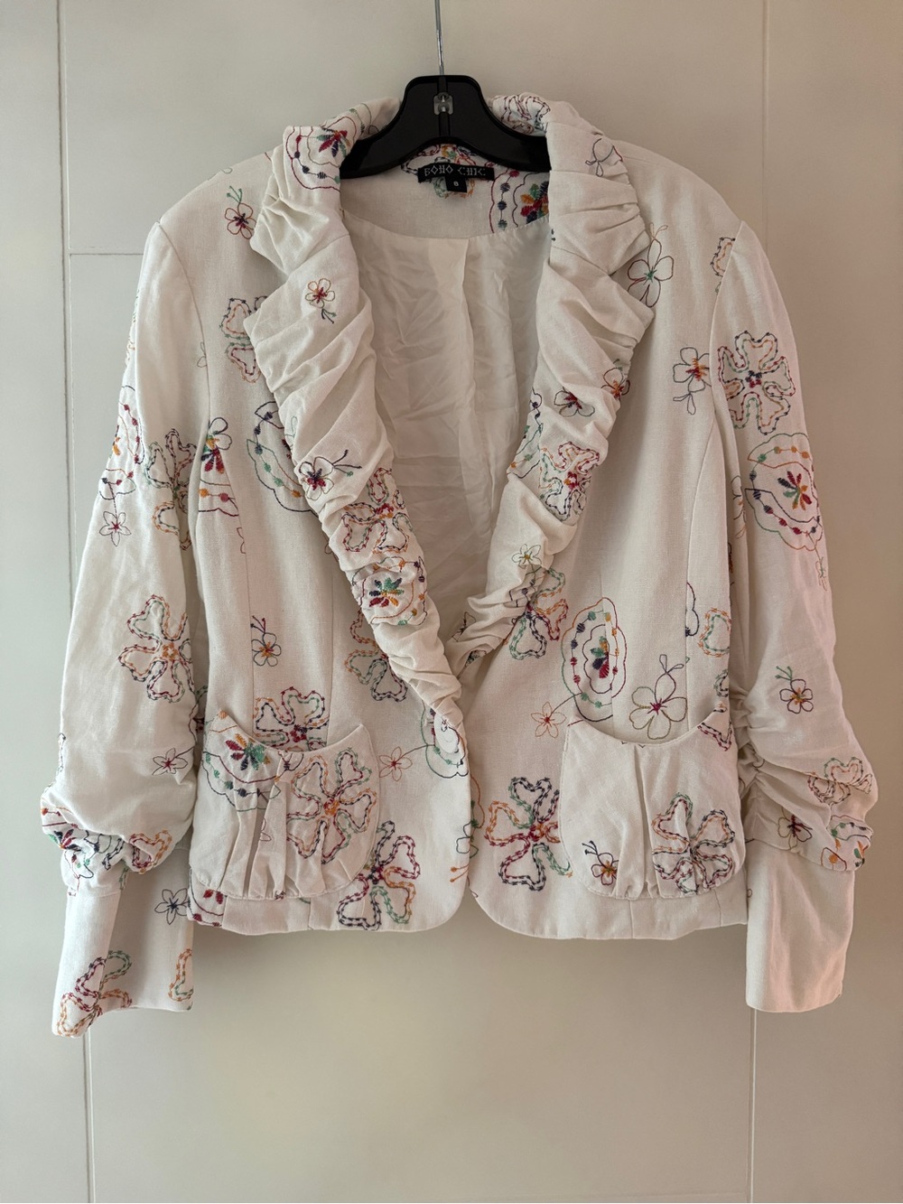 Boho Chic White Embroidered Ruffle Collar Blazer